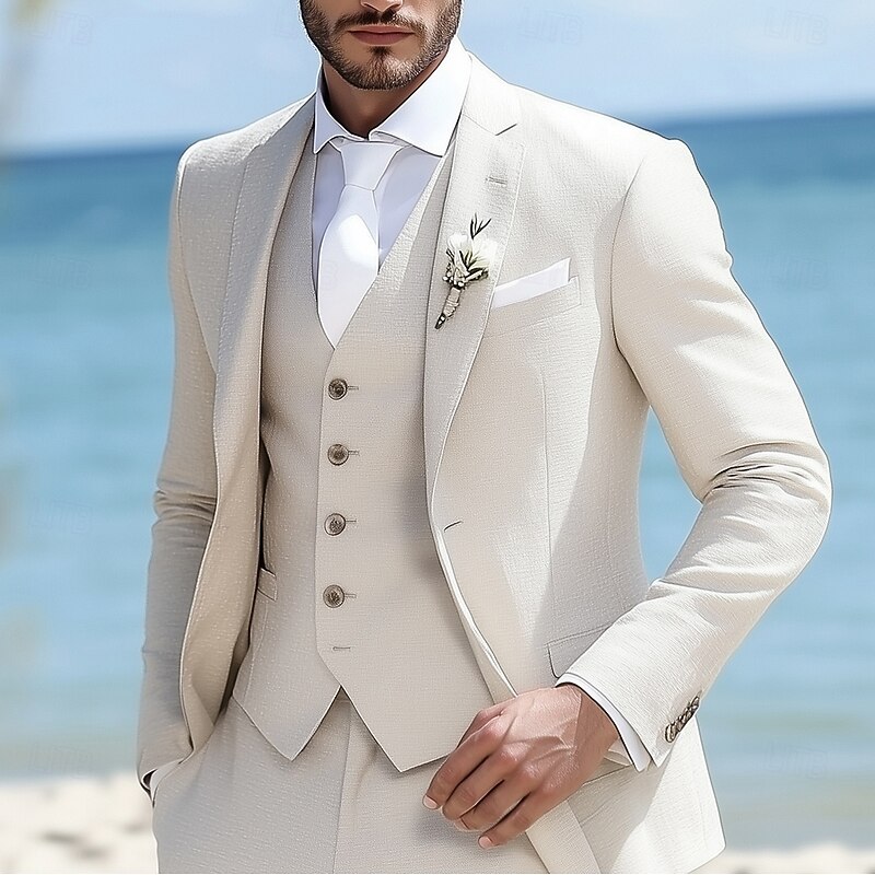 Men's Beach Wedding Linen Suits Beige Fashion Formal Solid Colored Standard Fit 3 Piece Single Breasted Two-buttons