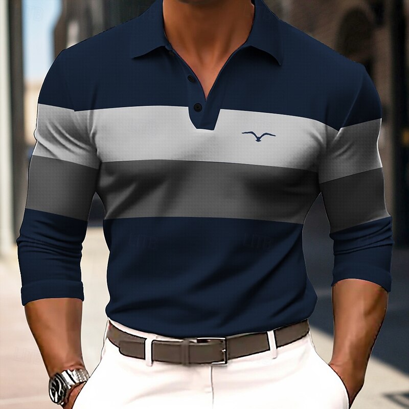 Men's Striped Rugby Polo Shirts Long Sleeve Polo Shirts Collared Shirts Business Casual School Athleisure Daily Wear 3D Print Spring Fall Winter Black Dark Blue Drak Red3