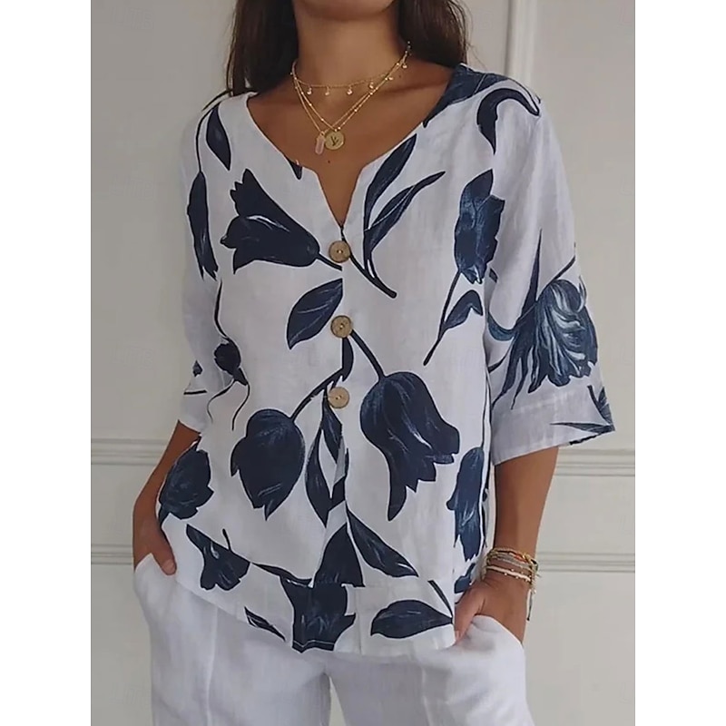 Women's Shirt Cotton Linen Shirts Button Up Blouse Graphic Elegant Daily Stylish 3/4 Length Sleeve V Neck Regular Tops Daily Holiday Going out Buttons Print White Pink Red Green Violet Summer Spring