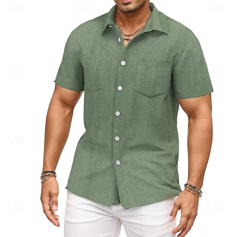 Men's Solid Color Linen Shirt Summer Shirt Button Up Shirt Short Sleeve Fashion Casual Vacation Holiday Beach Wear Summer Spring Turndown Collared Shirts Front One Pocket Green