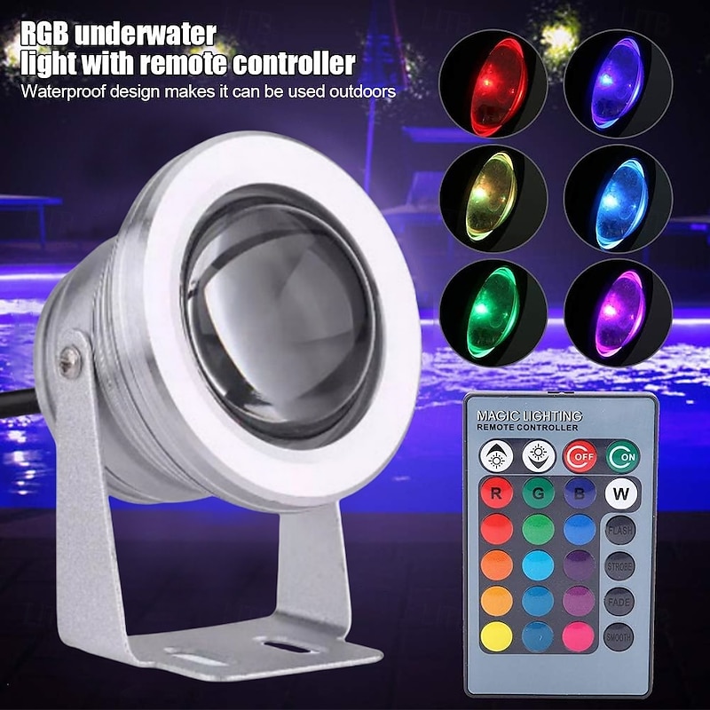 RGB Underwater LED Lights 10W 12V Pond Spotlight with Remote Control – Dimmable IP67 Waterproof Landscape Spot Lights for Yard, Patio and Swimming Pool