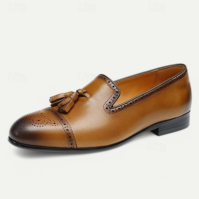 Men's Brown Leather Tassel Loafers with Brogue Detailing, Classic Slip-On Dress Shoes for Weddings, Parties  and Formal Events3