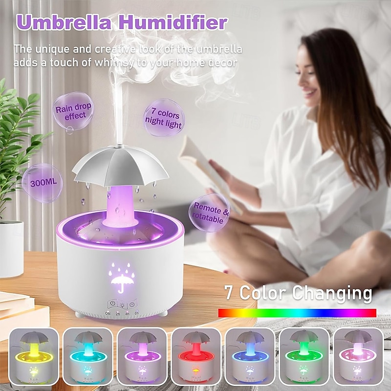 300ML LED Smart Light Umbrella Rain Humidifier with 7-Color LED Light, Remote & Timer Aroma Diffuser for Bedroom, Fun Gift for Kids, Teens & Women2
