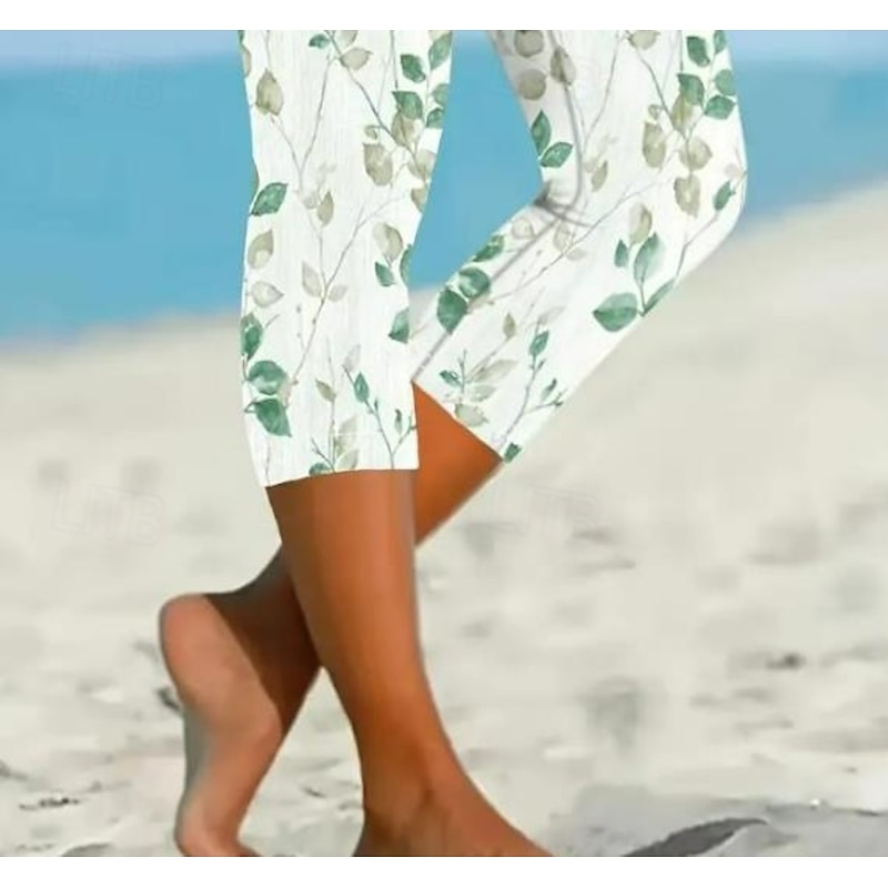 Women's Leggings Capri Pants High Elasticity Vacation Fashion Hawaiian Ankle-Length Mid Waist Floral Printing Thermal Warm Breathable Soft  Vacation Casual Daily Apple Green Summer Spring Regular Fit4