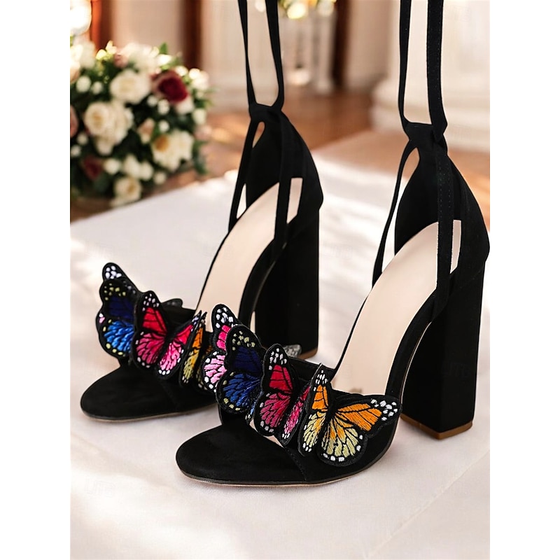 Black Butterfly Embellished High Heel Sandals for Women – Strappy Lace-Up Design, Colorful Butterfly Details, Perfect for Parties, Weddings, and Special Occasions4