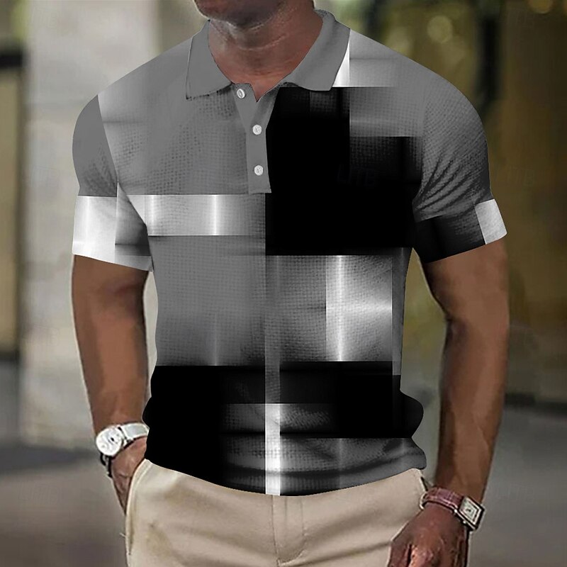 Men's Geometic Waffle Polo Shirts Short Sleeve Polo Shirts Collared Shirts Business Casual Business Athleisure Daily Wear Buttons 3D Print Summer Blue Brown Light Blue2