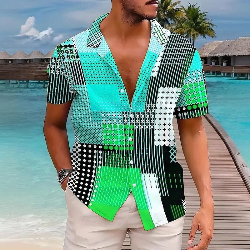 Men's Patchwork Geometric Pattern Shirt Cuban Collar Shirt Short Sleeve Fashion Casual Vacation Holiday Streetwear Summer Spring Camp Collar Shirt 3D Print Yellow Blue Purple Green4