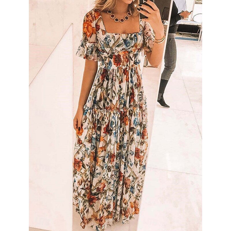 Women's Maxi Dress Corset Dress A Line Dress Milkmaid Dress Puff Sleeve Dress Vacation Vacation Daily Regular Fit Floral Short Sleeve Square Neck Yellow Apricot Summer2