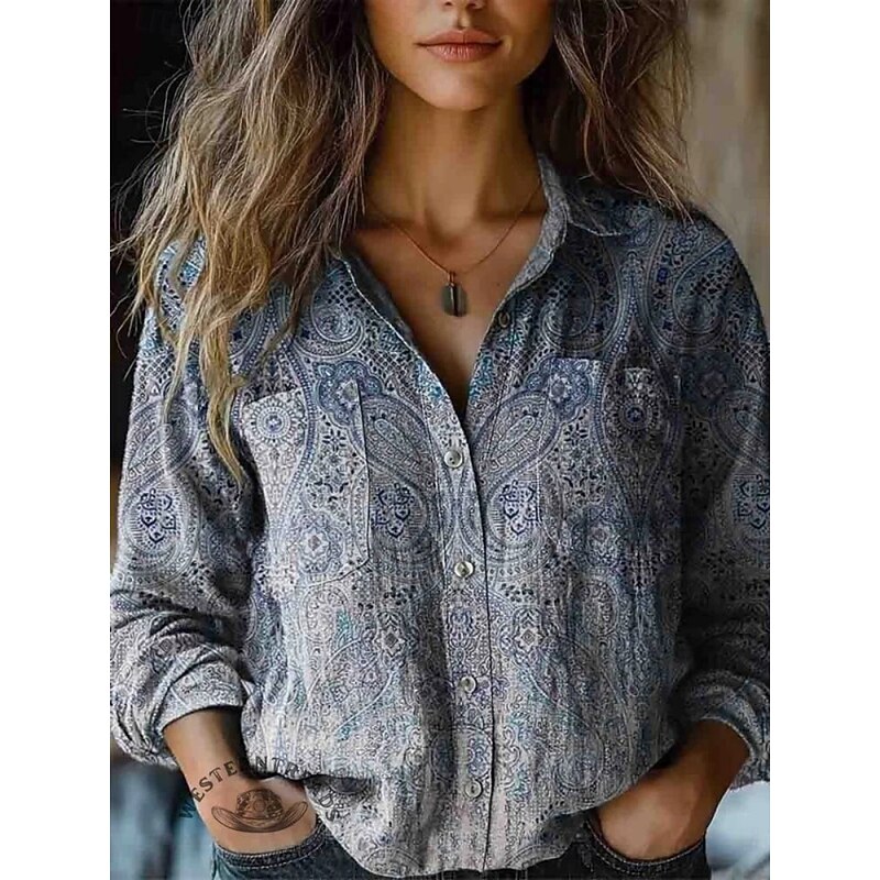 Women's Shirt Floral Retro Vintage Ethnic Long Sleeve Shirt Collar Regular Tops Daily Holiday Pocket Buttons Print Wine Red Blue Summer3