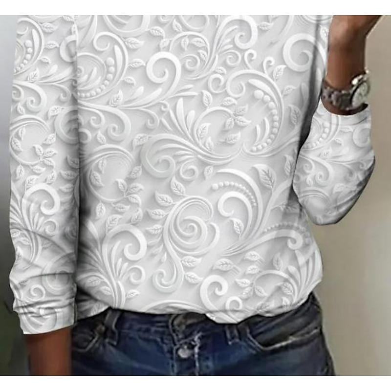 Women's T shirt Long Sleeve Crew Neck Long Sleeve Tunic 3D Print Floral Elegant Vintage Regular Tops Daily Going out Weekend Print Pearl Prefall3