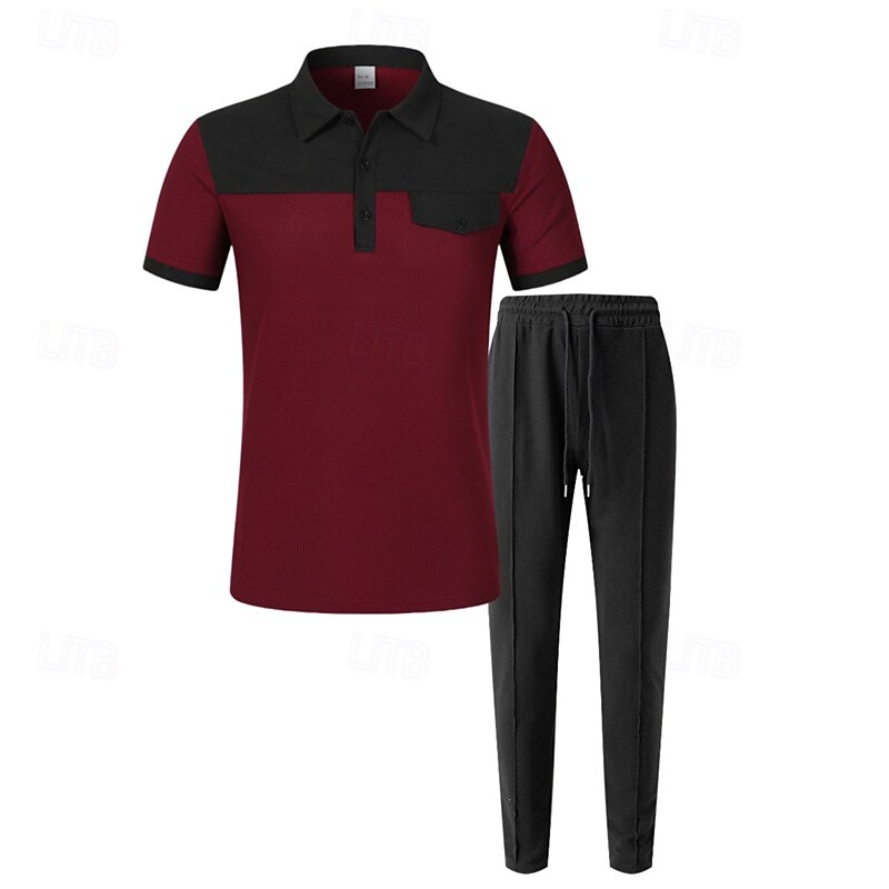 Men's T-shirt Suits Pants Sets 2 Pieces Outfits Short Sleeve Lapel Summer Spring Color Block Fashion Casual 2 Piece Vacation Daily Wear Going out Wine Green khaki Top Tee for Men2