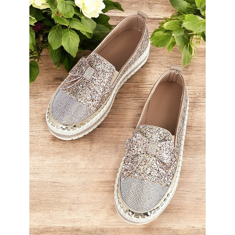 Sparkling Rhinestone Loafers for Women – Glittery Slip-On Flats with Bow Design for Weddings, Parties, and Special Occasions2