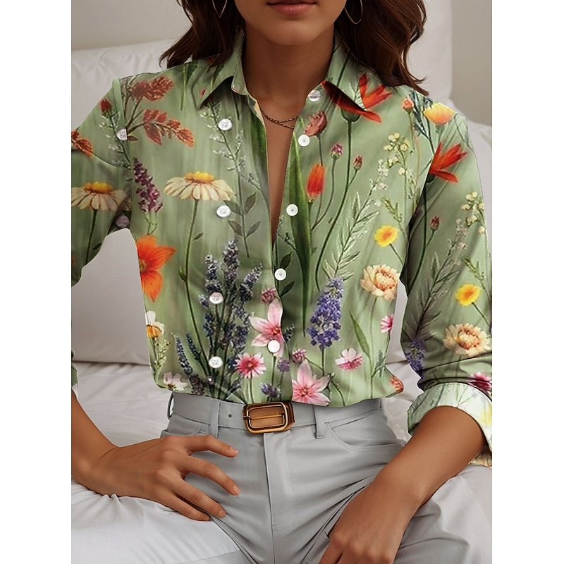 Women's Shirt Button Down Tunic Shirt Collar Long Sleeve Floral Casual Regular Tops Work Daily s Print Green Spring Fall Winter2