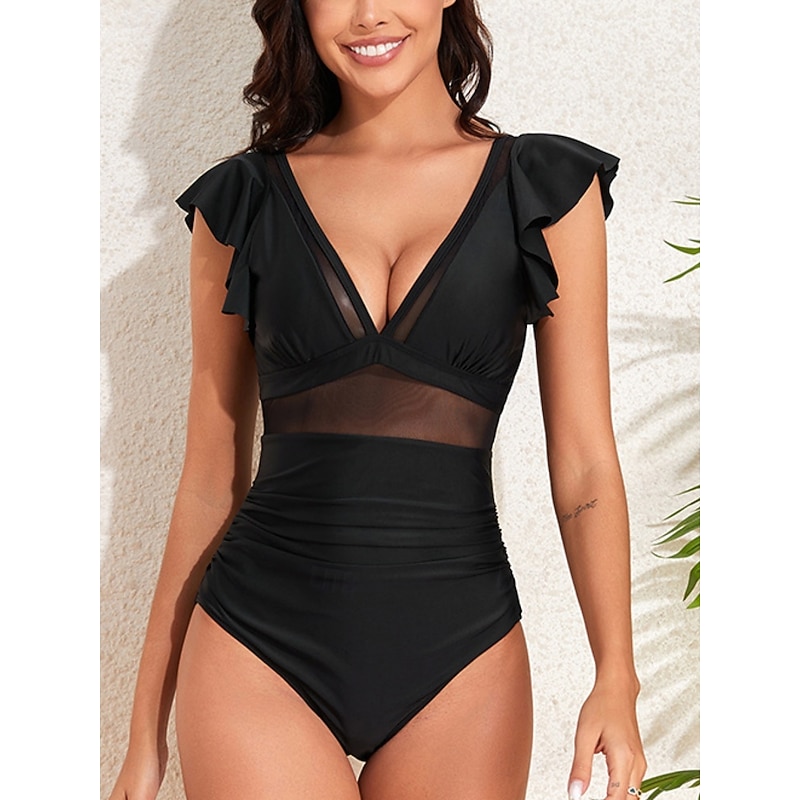 Women's Swimsuits One Piece Monokini Swimsuit Ruffle Backless Tummy Control High Waist Slim Vacation Beach Wear Solid Color V Neck Sleeveless Bathing Suits4