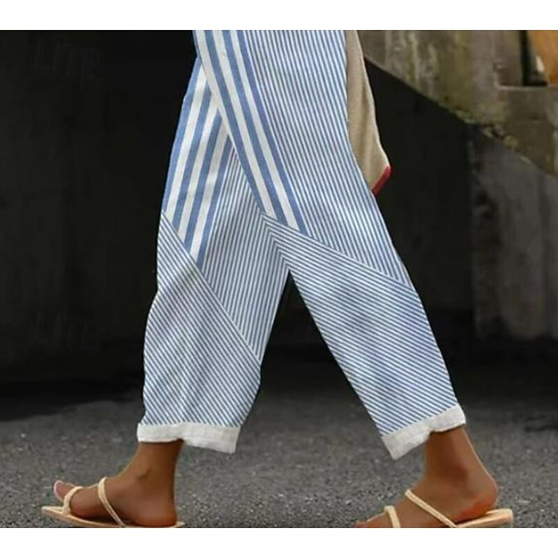 Women's Cotton Linen Pants Baggy Pants Linen Like Elegant Vintage Fashion Full Length High Waist Geometric Plaid Printing Breathable Soft Micro-elastic Outdoor Daily Transparent Blue Regular Fit3