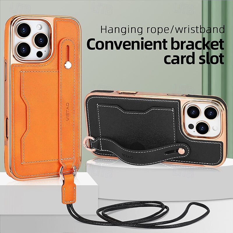 Phone Case For iPhone 16 15 14 Pro Max Plus 13 12 Pro Max Back Cover with Stand Holder with Lanyard with Wrist Strap Retro TPU Plating