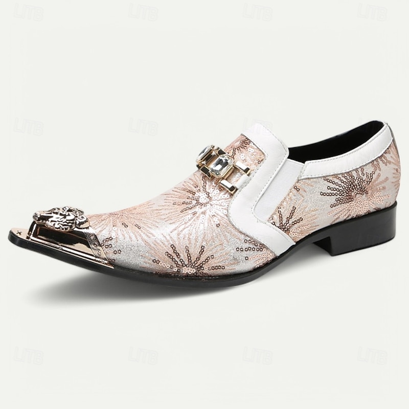 Men's Premium Cowhide Leather Loafers with Gold Tip Sequined Floral Design and Crystal Buckle Detail–Luxury Slip-On Shoes for Special Occasions and Evening Wear4