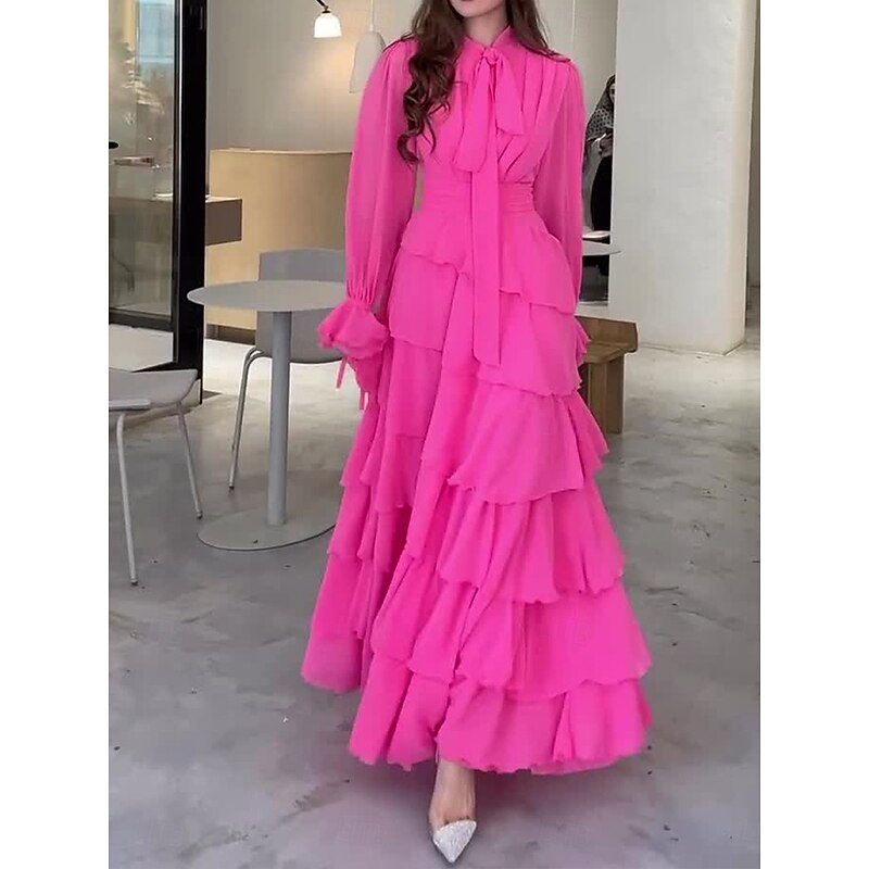 Women's Maxi Dress Cocktail Dress Wedding Guest Dress Chiffon Dress Layered Dress Basic Casual Vacation Daily Regular Fit Plain Long Sleeve Turtleneck Red Spring Fall