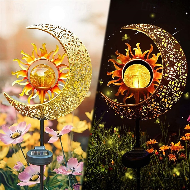 Solar Garden Lights Outdoor – Sun & Moon Flame LED Solar Lights, Retro Iron Landscape Lawn Lamps for Walkway, Yard and Patio Decoration3