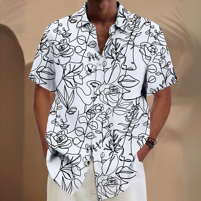 Men's Floral Print Human face Shirt Button Up Shirt Short Sleeve Artistic Abstract Vintage Retro Vacation Holiday Streetwear Summer Spring Turndown 3D Print Collared Shirts White
