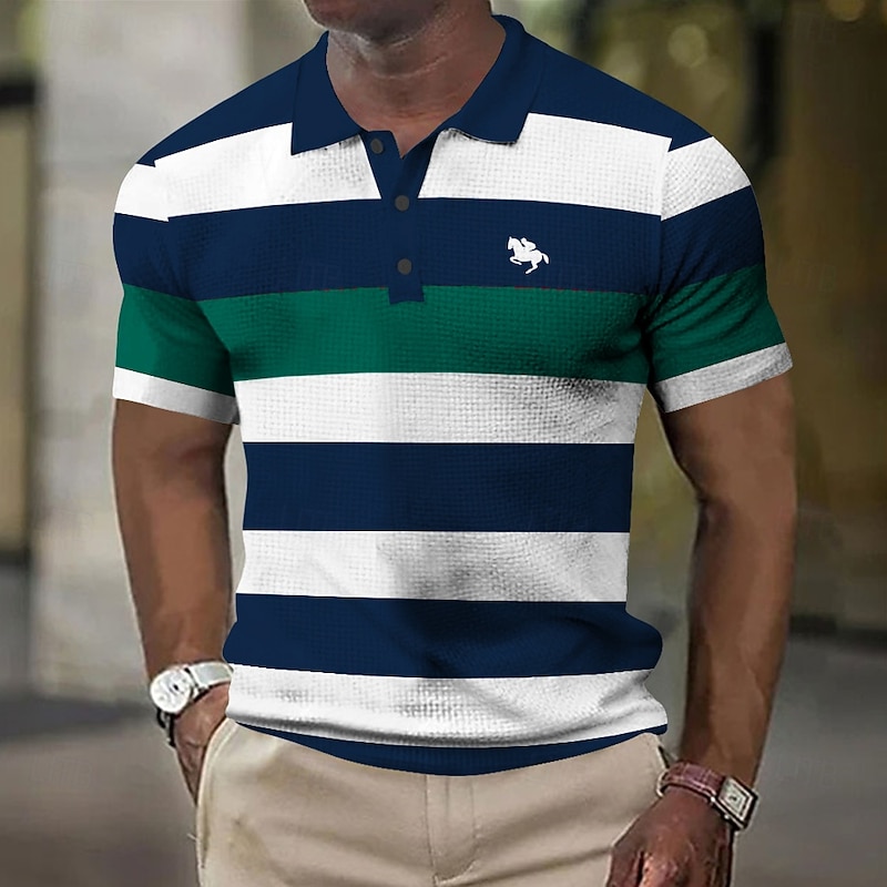 Men's Horizontal Stripes Rugby Polo Short Sleeve Polo Shirts Collared Shirts Business Casual School Formal Dailywear Business Buttons 3D Print Summer Red Brown Green3