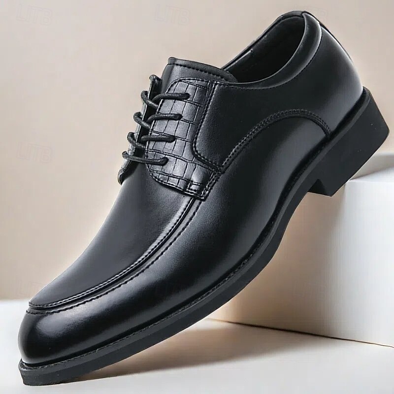 Men's Brown Faux Leather Lace-Up Dress Shoes with Woven Detail, Classic Formal Style, Comfortable for Weddings and Business Events