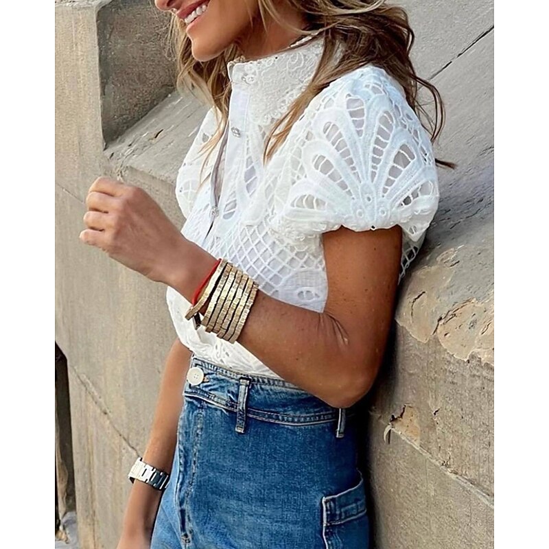 Women's Blouse Eyelet top Lace Tops Plain Daily Stylish Basic Short Sleeve Shirt Collar Regular Tops Work Daily Holiday Hollow Out Buttons White Rose Pink Spring Fall4