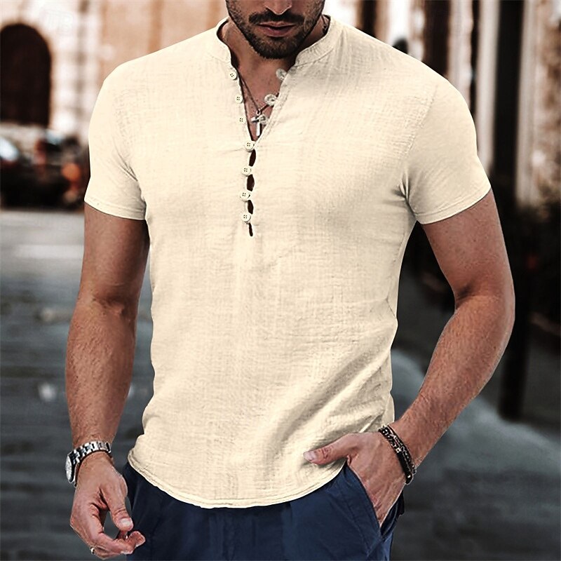 Men's Button T Shirt T Shirt Henley Shirt Tee Short Sleeve Henley Summer Spring Plain Fashion Designer Basic Buttons Vacation Street Going out Apricot Black White Top Tee for Men4