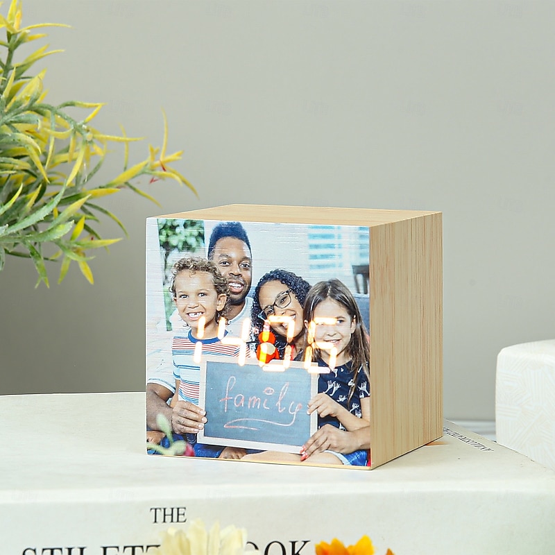 Personalized Photo Wooden Cube Clock Custom Best Gift for Mom - Customized Night Light, Stylish Home Decor for Birthdays and Anniversaries, Modern Minimalist Gift