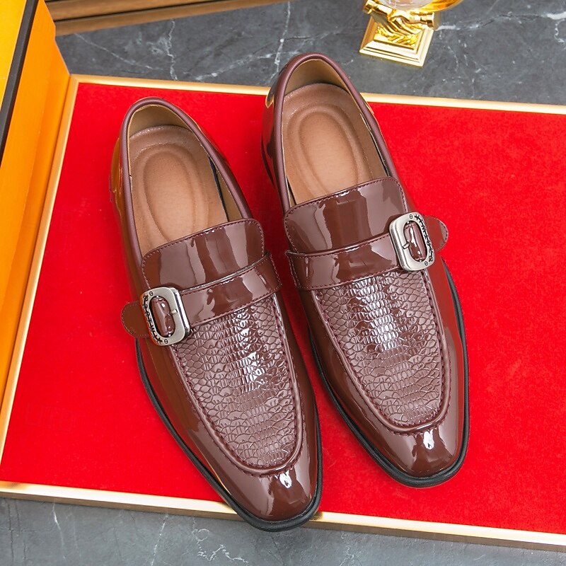 Men's Patent Leather Burgundy Loafers with Crocodile Texture and Buckle Detail – Elegant Slip-On Shoes for Formal Occasions and Business Wear4