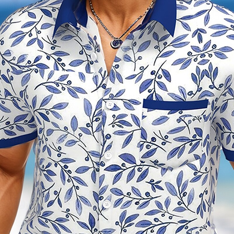 Men's Leaf Tropical Plants Summer Hawaiian Shirt Button Up Shirt Short Sleeve Hawaiian Resort Vacation Holiday Beach Wear Summer Spring Turndown Collared Shirts Front One Pocket White2