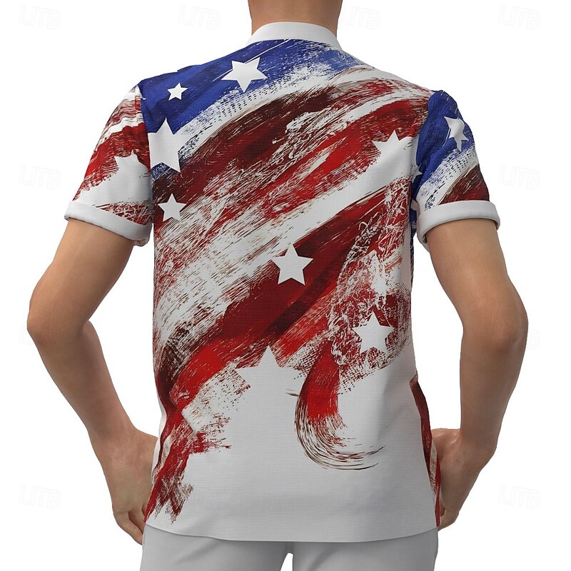 Men's American US Flag Patriotic Shirt Button Down Shirt Short Sleeve Fashion Casual Vacation Streetwear Beach Wear Summer Spring Standing Collar Henley Collar White2