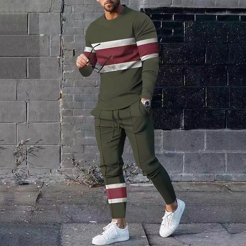 Men's T-shirt Suits Pants Sets 2 Pieces Outfits Long Sleeve Crewneck Summer Color Block Fashion Casual 2 Piece Vacation Daily Wear Going out Black Green Navy Blue Top Tee for Men2