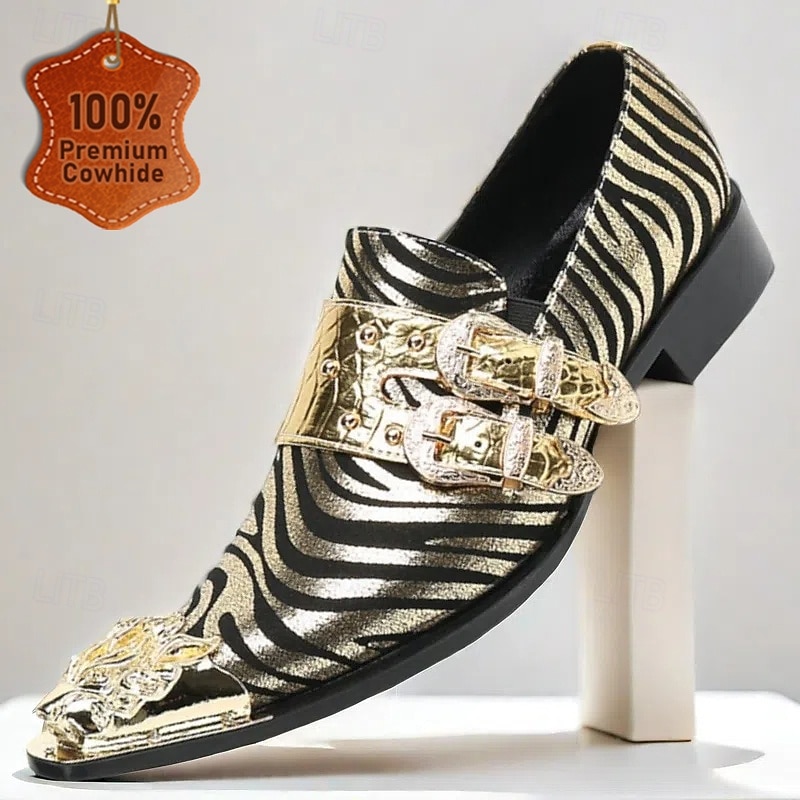 Men's Premium Cowhide Leather Loafers with Gold Tip Bold Zebra Print and Double Buckle Design–Stylish, Comfortable Footwear for Formal and Fashion-Forward Occasions
