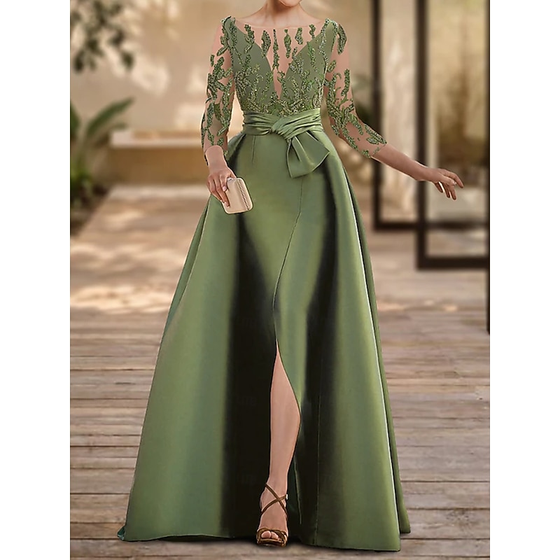 A-Line Evening Gown Open Back Dress Formal Wedding Guest Floor Length 3/4 Length Sleeve Scoop Neck Lace with Slit Strappy3