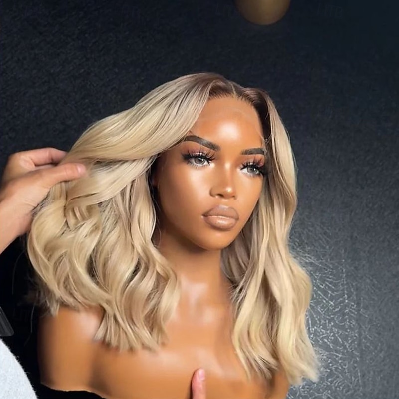 Remy Human Hair 5x5 Closure 13x4 Lace Front Wig Short Bob Peruvian Hair Wavy Blonde Wig 130% 150% Density Ombre Hair 100% Virgin Glueless With Bleached Knots Pre-Plucked For Women Long Human Hair