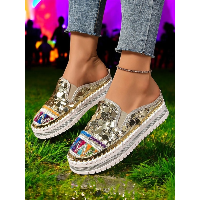 Women's Gold Sequin Platform Mules Sneakers  – Sparkly Slip-On Shoes with Embroidered Details for Festivals, Party & Street Fashion3