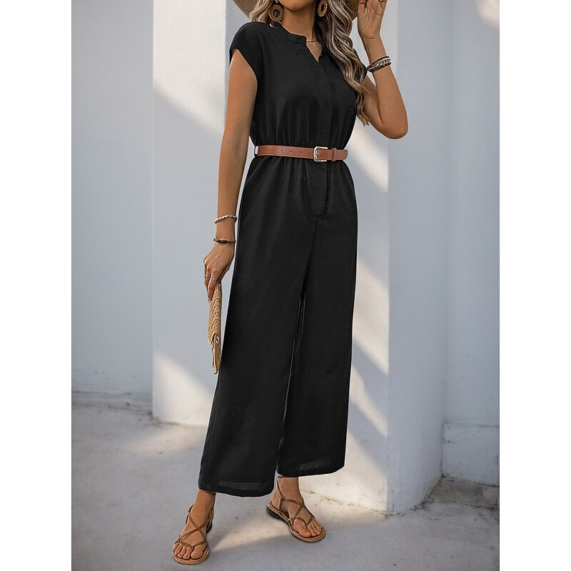 Women's Normal Jumpsuit Streetwear Solid Color Short Sleeve V Neck Buttons High Waist Vacation Office Regular Fit Black Summer4
