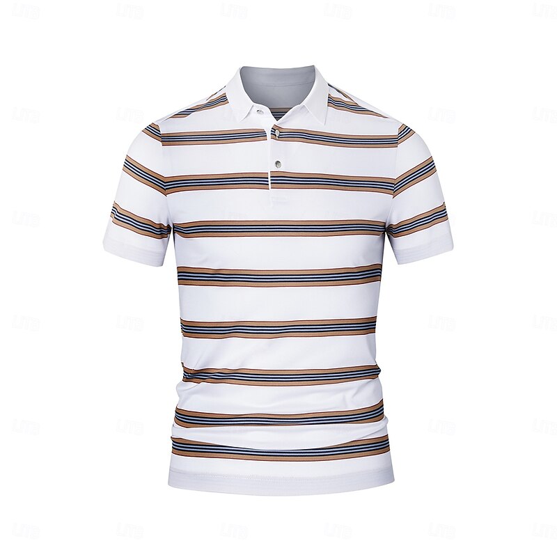 Men's Cotton Silk Polo Work Street Turndown Short Sleeve Vacation Fashion Color Block Horizontal Stripes Stripe Summer Spring Black White Polo