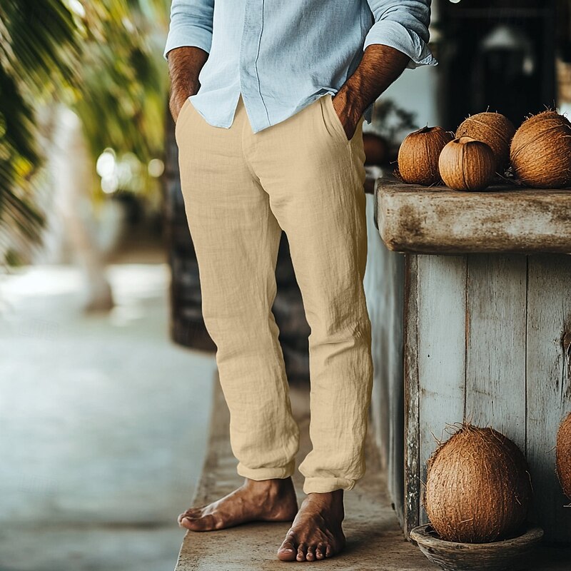 Men's Linen Pants Trousers Summer Pants Beach Pants Pocket Elastic Waist Drawstring Plain Comfort Breathable Full Length Outdoor Daily Holiday Fashion Retro Vintage Black White Micro-elastic4