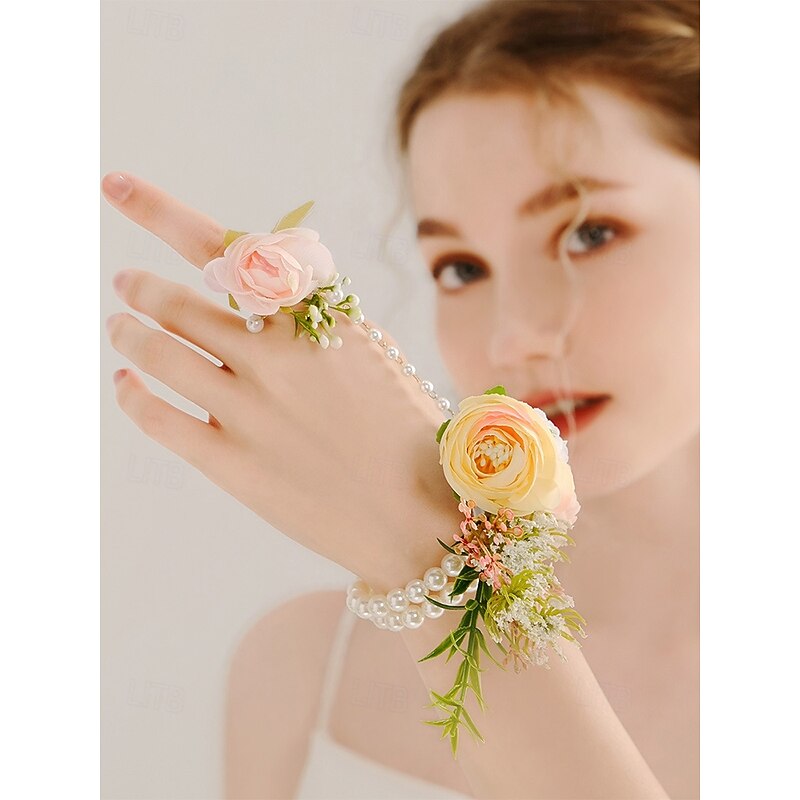 White Floral Hand and Wrist Jewelry Set with Pearls – Elegant Bridal Accessory for Weddings and Special Occasions2