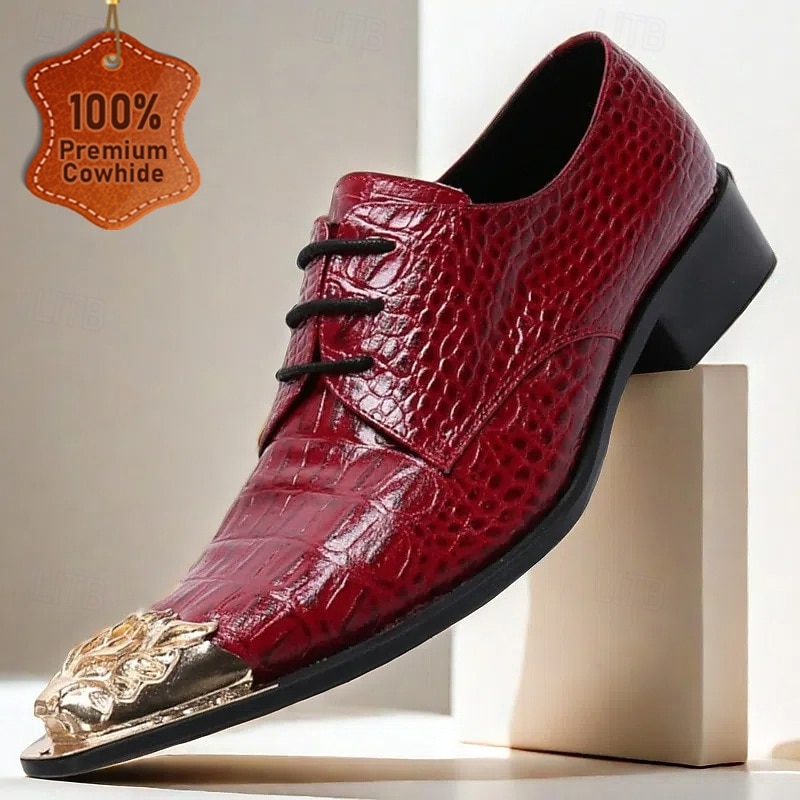 Men's Premium Red Crocodile-Patterned Leather Dress Shoes with Gold Tip Gold Lion Head Toe–Stylish Formal Footwear for Special Occasions