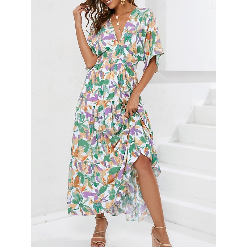 Women's Maxi Dress Casual Dress A Line Dress Stylish Casual Vacation Daily Regular Fit Floral Half Sleeve V Neck Blue Summer4