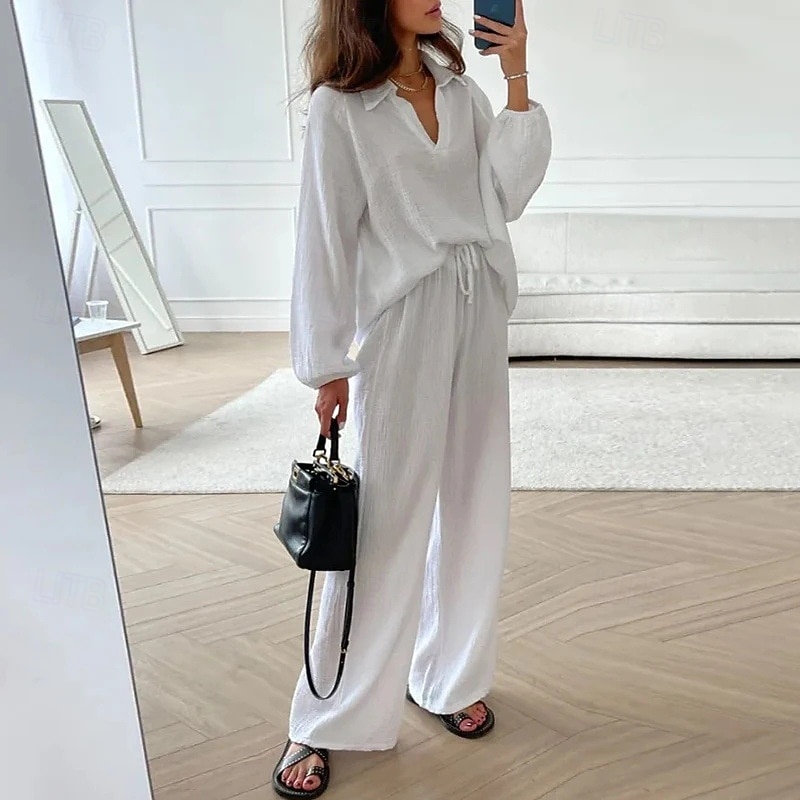 Women's Fashion Streetwear Shirt Two Piece Sets Linen Pants Pants Trousers Long Sleeve Shirt Collar Solid Color Drawstring Daily Wear Date Black White Orange Summer Regular Fit4