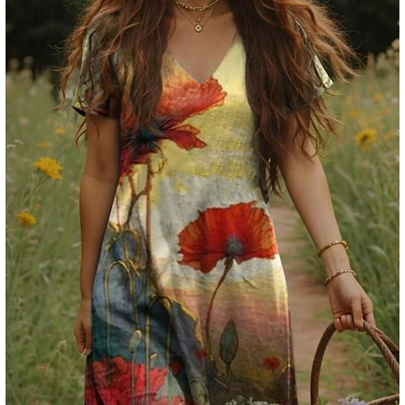 Women's Maxi Dress Casual Dress A Line Dress Bohemia Vacation Vintage Vacation Daily Regular Fit Floral Short Sleeve V Neck Yellow Purple Beige Summer Spring4