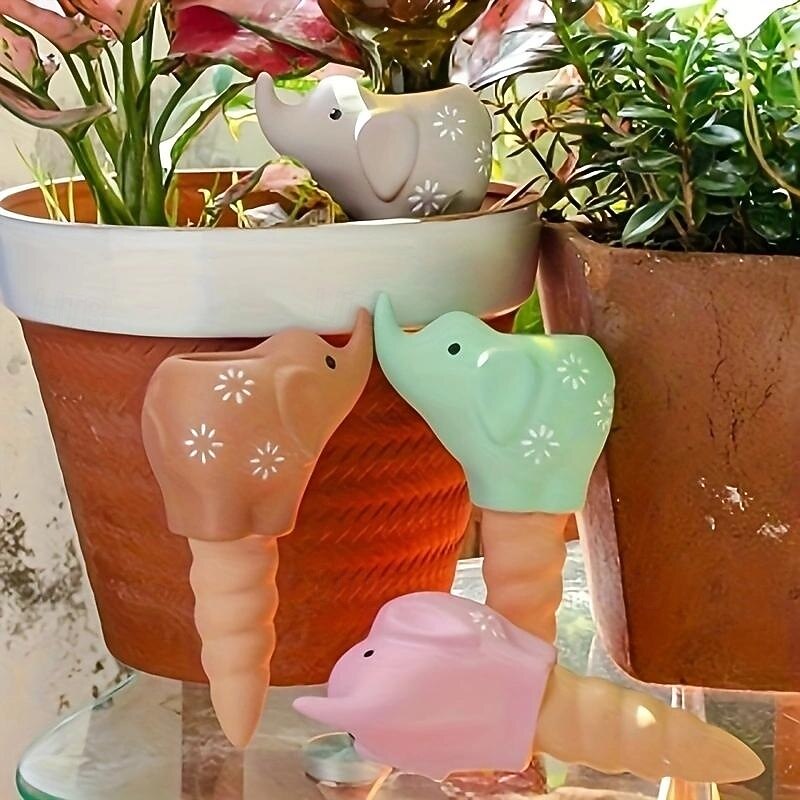 4-Pack Cute Elephant-Shaped Pottery Clay Self-Watering Nail-Red Soil Automatic Plant Watering System, Easy, Efficient and Healthy Gardening