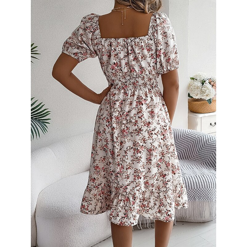 Women's Midi Dress A Line Dress Milkmaid Dress Midi Dress Smock Dress Bohemia Cute Stylish Puff Sleeve Vacation Home Party Form Fit Floral Short Sleeve Square Neck Black White Yellow Red Summer2