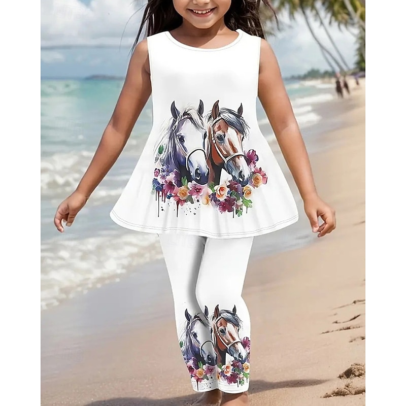 Girls' 3D Graphic Tank & Pants Sleeveless Summer Spring Sports Fashion Daily Kids 4 years+ Crew Neck Outdoor Vacation Tailored Fit2