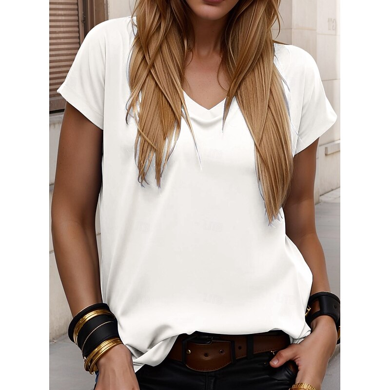 Women's T Shirt Solid Color Plain Stylish Casual Short Sleeve V Neck Regular Tops Daily Going out Weekend Print Black White Yellow Green off-white Summer Spring4