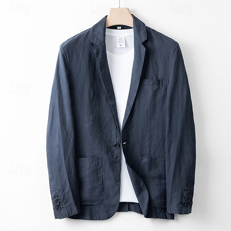 Men's 100% Linen Blazer Blazer Business Cocktail Party Wedding Party Fashion Casual Spring Autumn / Fall 100% Linen Plain Pocket Buttons Comfortable Single Breasted Blazer White Navy Blue khaki Gray2